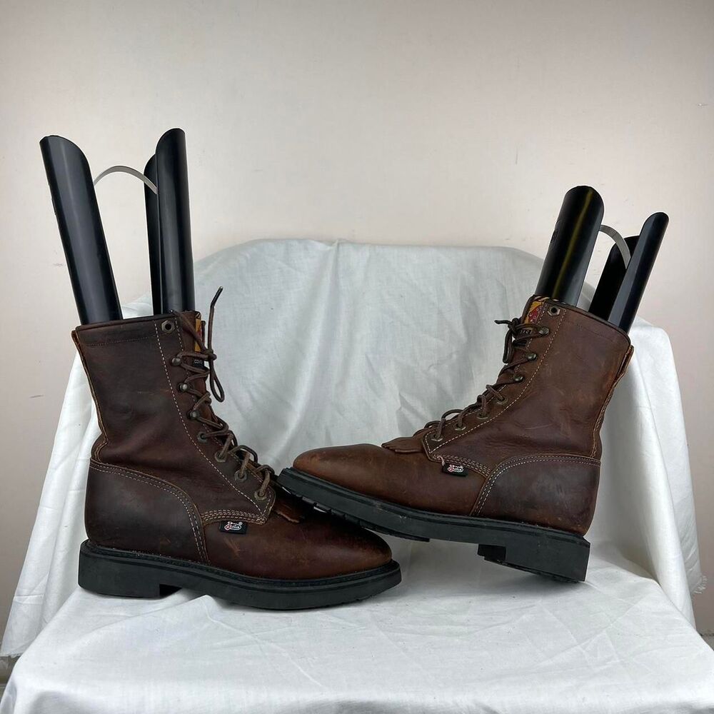 Justin Briar Pitstop Double Comfort  Lace Up Steel Safety Toe Boots Size US 8